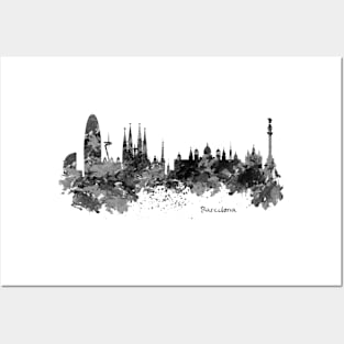 Barcelona Black and White Watercolor Skyline Posters and Art